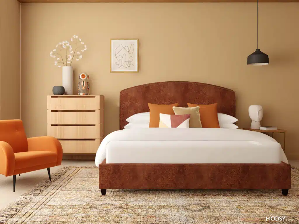 https www.modsy .com design ideas bedroom modern organic modern bedroom with leather upholstered bed 852111 3 elsie userview 1