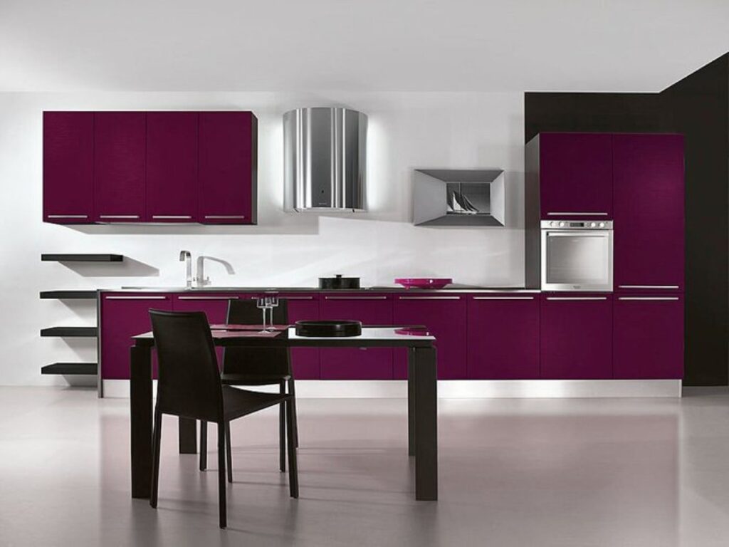 Stunning Purple and White Kitchen Decoration with Purple Kitchen Cabinets and Silver Chimney also Minimalist Dining Table For Elegant And Stylishly Purple Kitchen Desig